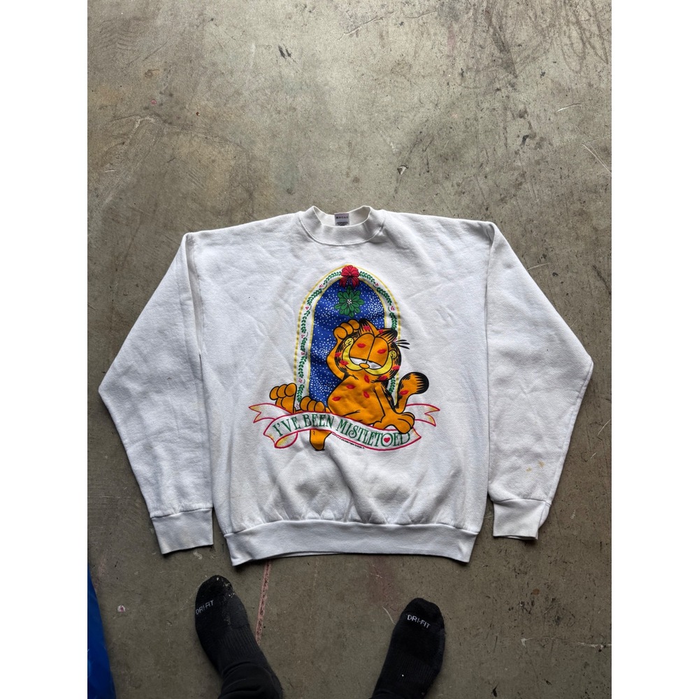 Vintage Garfield Christmas Sweatshirt Fruit of the Loom XL White Mistletoed 90s